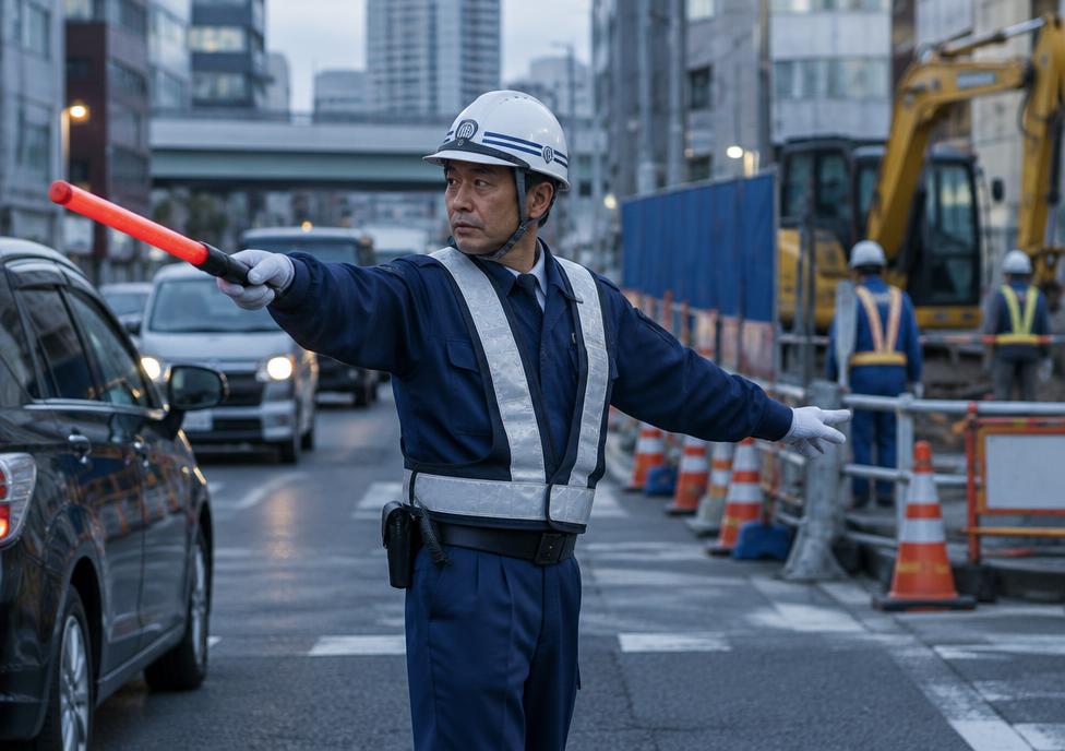 道路工事現場で交通誘導を行う警備員のイメージ